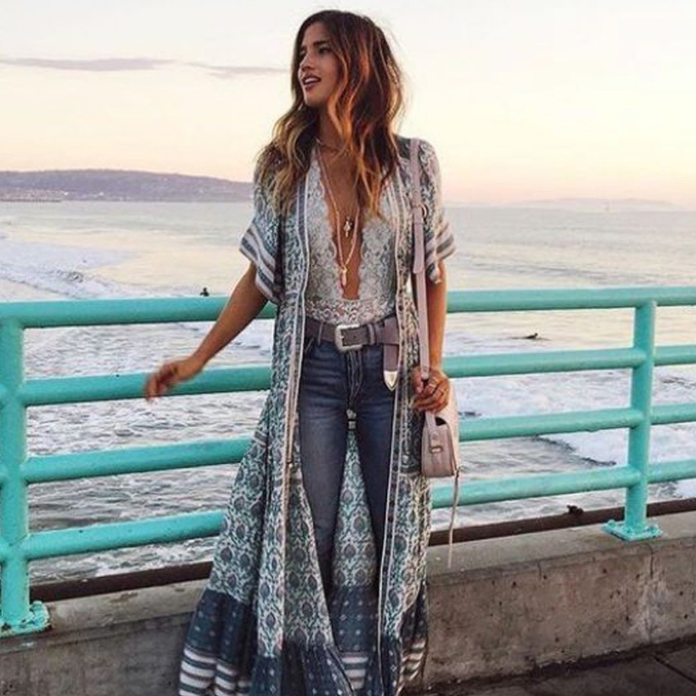 Bohemian Gypsy Print Kimono Maxi Dress Blue Cream - Picture 2 of 9